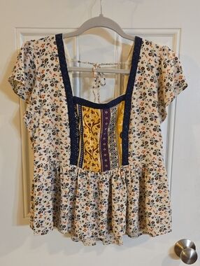 Maurices Cream Floral Peplum Top with Navy & Mustard Paneled Front